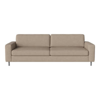 Beige fabric sofa with a smooth texture and minimalist design, featuring clean lines and no visible patterns.