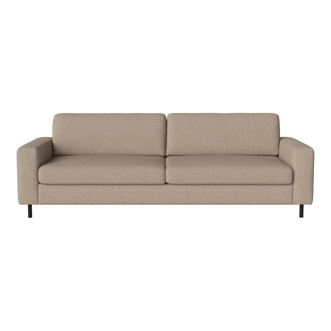 Beige fabric sofa with minimalist design, featuring smooth lines and a subtle texture. Ideal for modern decor.