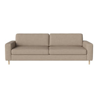 Beige sofa with a simple, modern design and light wooden legs, featuring a textured fabric finish.