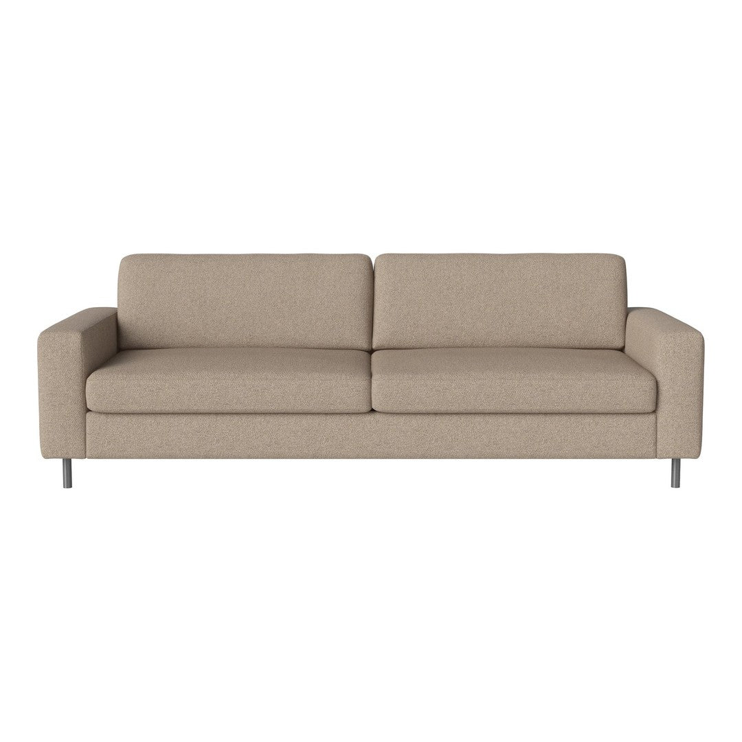 Light beige sofa with a modern design and clean lines, featuring a solid fabric pattern and stainless steel legs.