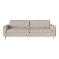 Light beige sofa with a smooth texture and minimalistic design, featuring straight lines and wooden legs.