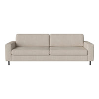 Beige upholstered sofa with a smooth texture and minimalistic design, featuring clean lines and modern style.