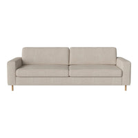 Light beige fabric sofa with minimalist design and wooden legs. Perfect for modern, neutral-toned interiors.