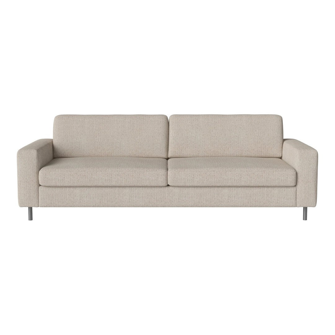 Light beige sofa with a simple, modern design and smooth fabric texture, complemented by sleek metal legs.