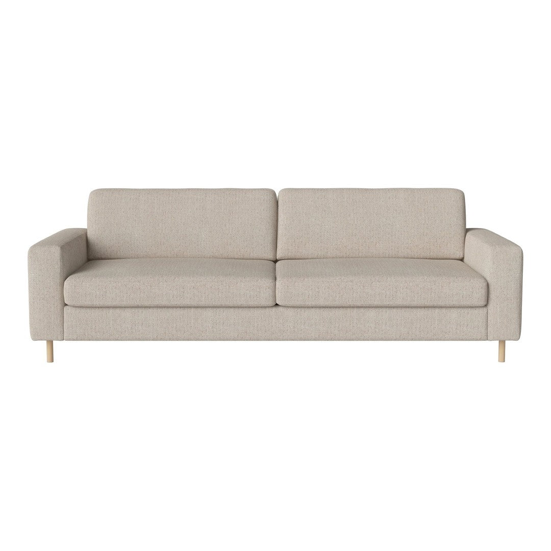 Light beige sofa with a textured fabric and minimalist design, featuring smooth lines and wooden legs.