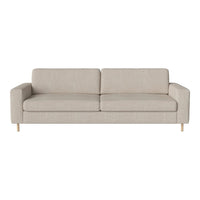 Light beige sofa with a textured fabric and minimalist design, featuring smooth lines and wooden legs.