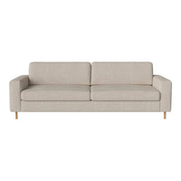 Light beige fabric sofa with a simple, modern design and wooden legs, perfect for a minimalist home decor.