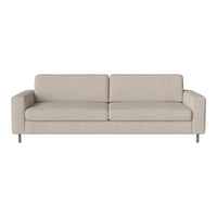 Beige upholstered sofa with a smooth texture and minimalist design on silver legs.