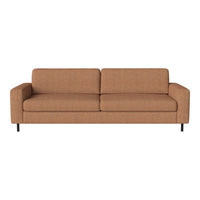 Brown textured fabric sofa with clean lines and modern design, featuring a minimalist silhouette and sturdy black legs.