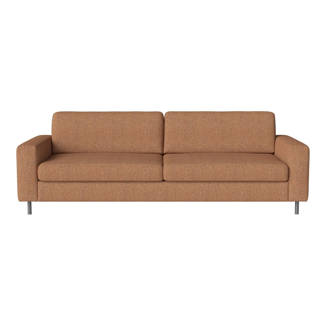 Rust-colored modern sofa with a clean, minimalist design and smooth fabric texture, ideal for contemporary decor.