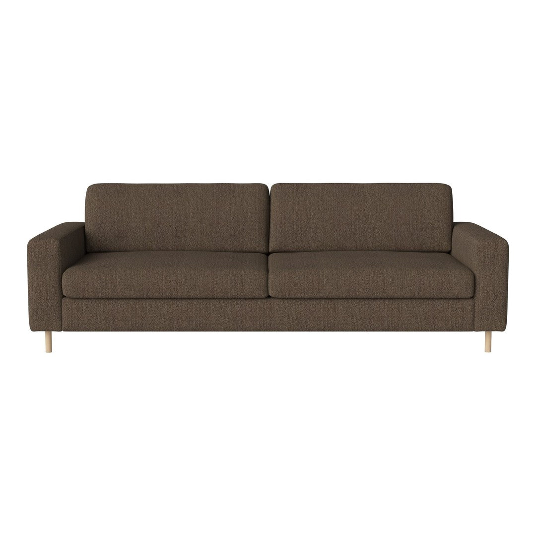 Modern brown sofa with a textured fabric and clean, minimalist design, featuring sleek wooden legs.