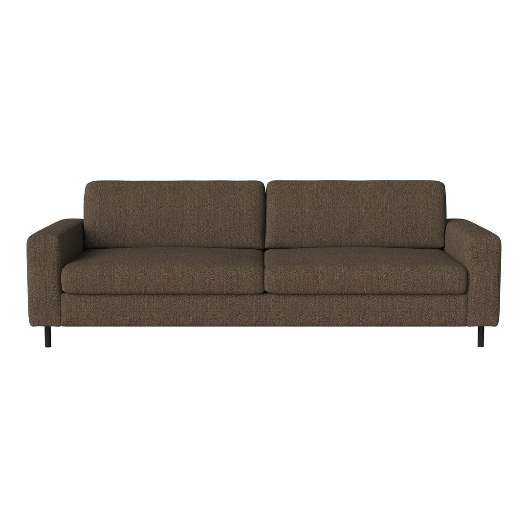 Brown fabric sofa with a sleek, minimalist design and subtle texture, featuring a solid color without patterns.