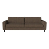 Brown fabric sofa with a sleek, minimalist design and subtle texture, featuring a solid color without patterns.