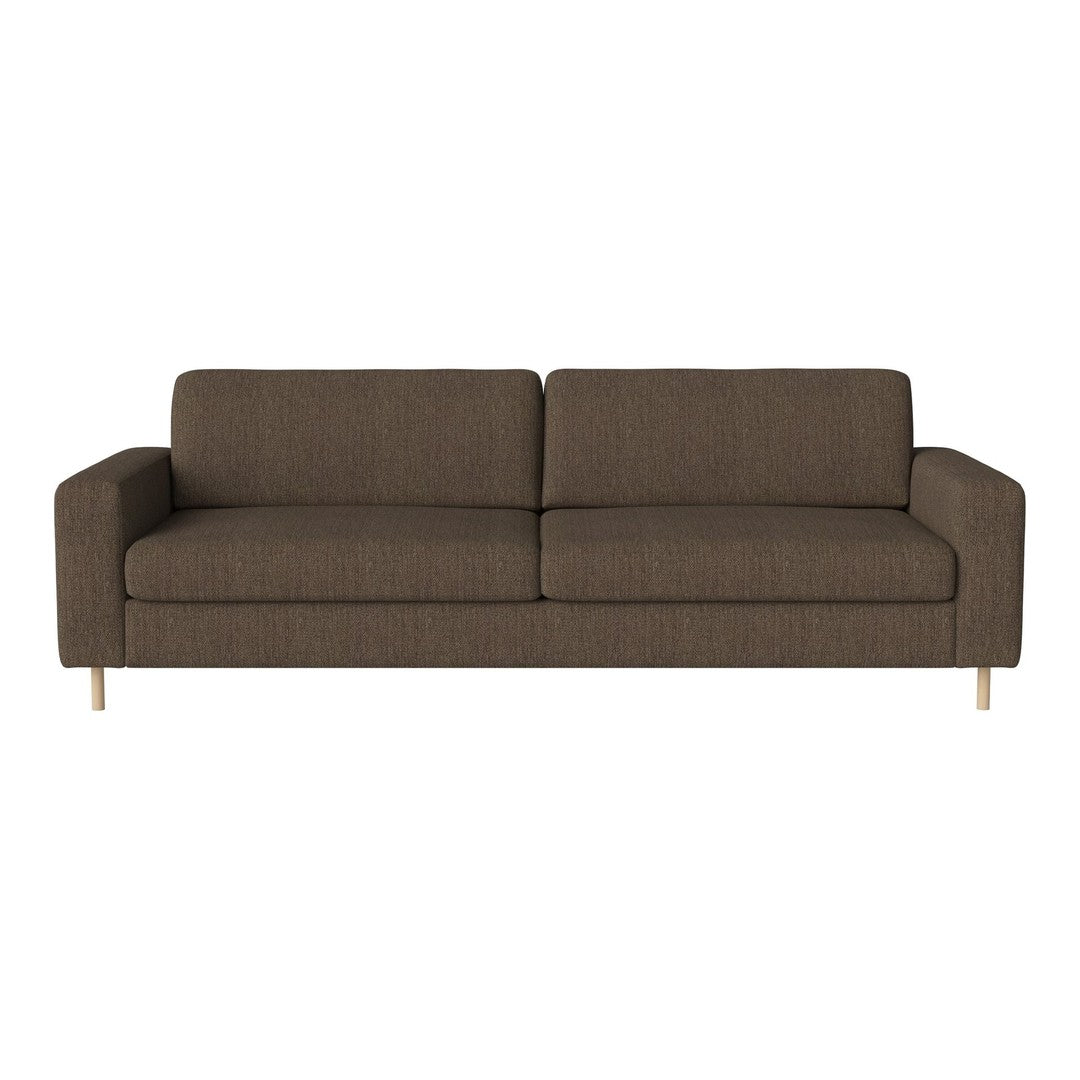 Brown sofa with a textured fabric and minimalist design, featuring straight lines and light wooden legs.