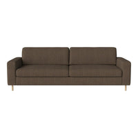 Brown sofa with a textured fabric and minimalist design, featuring straight lines and light wooden legs.