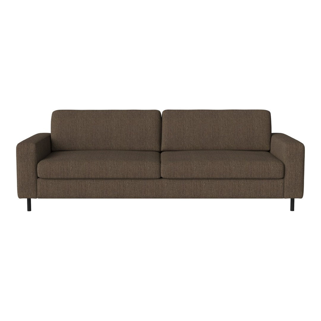 Brown fabric sofa with a sleek, modern design and subtle linear pattern on the upholstery.