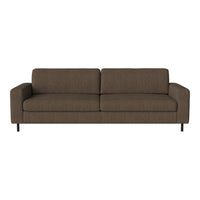 Brown fabric sofa with a sleek, modern design and subtle linear pattern on the upholstery.