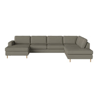 Modern sectional sofa in muted olive green with clean lines and wooden legs, perfect for contemporary living spaces.