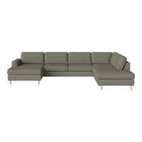 Olive green sectional sofa with a sleek, minimalist design and wooden legs, perfect for modern living spaces.