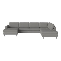 Gray sectional sofa with clean lines and minimalist design, featuring solid color upholstery and sleek metal legs.