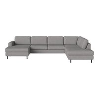 Gray sectional sofa with a modern design and clean lines, featuring a soft fabric texture and minimalist style.