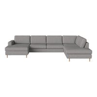 Gray sectional sofa with a modern design and clean lines, featuring a textured fabric and natural wood legs.