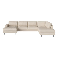 Beige sectional sofa with a smooth, textured fabric and minimalist design, perfect for modern living spaces.