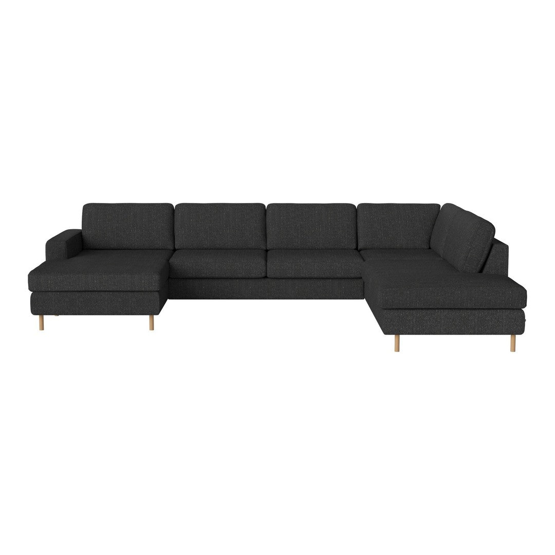 L-shaped sectional sofa in charcoal gray fabric with clean lines and light wood legs, perfect for modern living spaces.