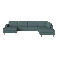 Teal sectional sofa with a modern, minimalist design and clean lines, perfect for contemporary living spaces.