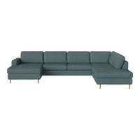 Teal sectional sofa with clean lines and a modern, minimalist design, featuring a solid color fabric and wooden legs.