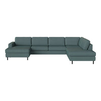 Teal sectional sofa with a modern design, featuring solid, smooth fabric and minimalist black legs. 