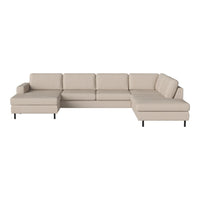 Beige sectional sofa with a smooth fabric finish and minimalist design, featuring clean lines and modern style.
