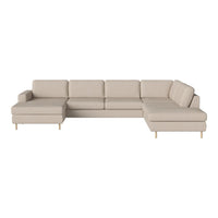 Beige sectional sofa with minimalist design and smooth fabric, featuring a simple pattern and light wooden legs.