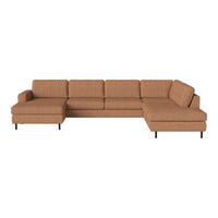 L-shaped sofa in warm, rich brown fabric with a smooth texture and minimalist design. Ideal for modern living spaces.