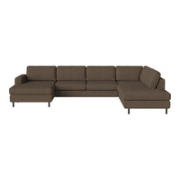 Brown sectional sofa with a smooth, textured fabric and minimalist design, featuring metal legs for a modern touch.