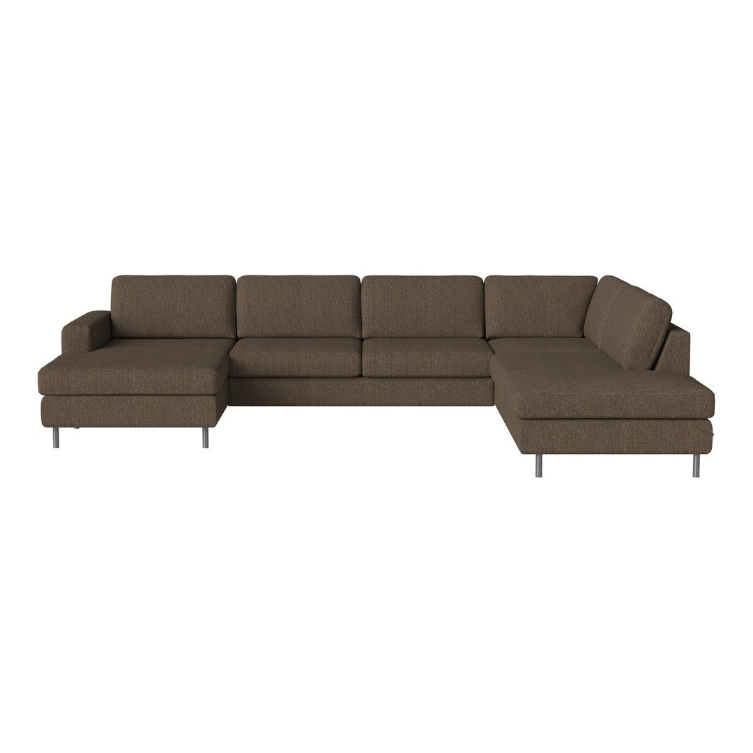 Brown sectional sofa with a sleek design and soft upholstery, featuring a solid color and modern structure.