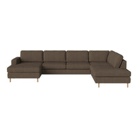 Brown fabric sectional sofa with clean lines and wooden legs, perfect for modern living spaces.
