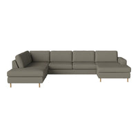 Gray sectional sofa with modern design, featuring clean lines and textured fabric in a neutral tone.