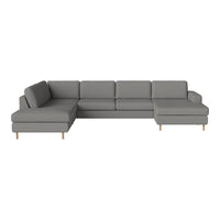 Gray sectional sofa with a modern design and subtle texture, featuring smooth upholstery and light wooden legs.