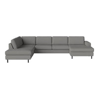 Gray sectional sofa with a modern design, featuring smooth fabric and clean lines for a minimalist look.