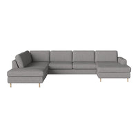 Gray sectional sofa with a modern design, featuring a clean pattern and natural wood legs. Ideal for contemporary spaces.
