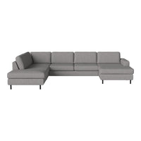 Gray sectional sofa with a minimalist design and clean lines, featuring solid fabric upholstery and sleek black legs.