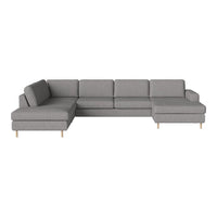 Modern gray sectional sofa with clean lines and a minimalist design, featuring subtle textured upholstery and light wooden legs.