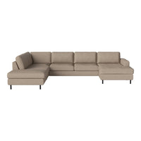 Light beige sectional sofa with a minimalist design and soft fabric, featuring clean lines and a cozy finish.