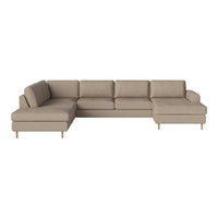 Beige sectional sofa with clean lines and a modern design, featuring a textured fabric and light wood legs.