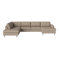 Beige sectional sofa with a minimalist design and smooth fabric upholstery, featuring clean lines and no patterns.