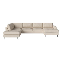 Beige sectional sofa with a modern design, featuring clean lines and soft fabric upholstery, complemented by silver legs.