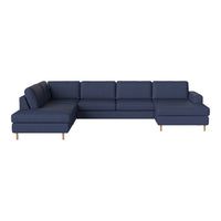 Navy blue sectional sofa with clean lines and solid pattern, featuring wooden legs for a modern touch.