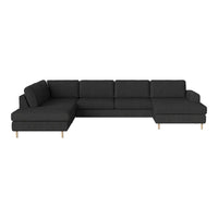 Modern L-shaped sofa in solid charcoal gray fabric with clean lines and natural wood legs for a minimalist look.