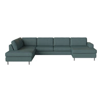 Teal sectional sofa with a modern, solid pattern and sleek metal legs. Perfect for contemporary living spaces.